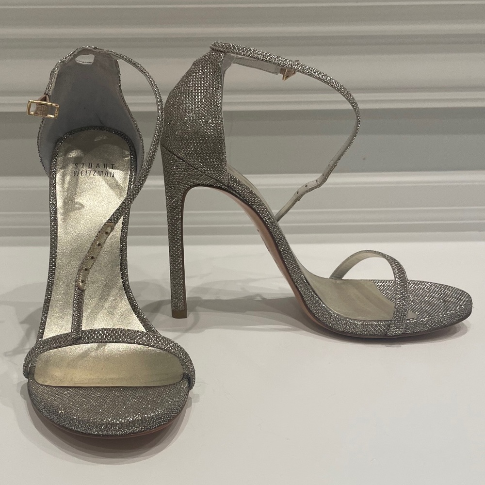 Stuart Weitzman NUDIST Metallic Gold Silver Strappy Stiletto Heels – Worn Once